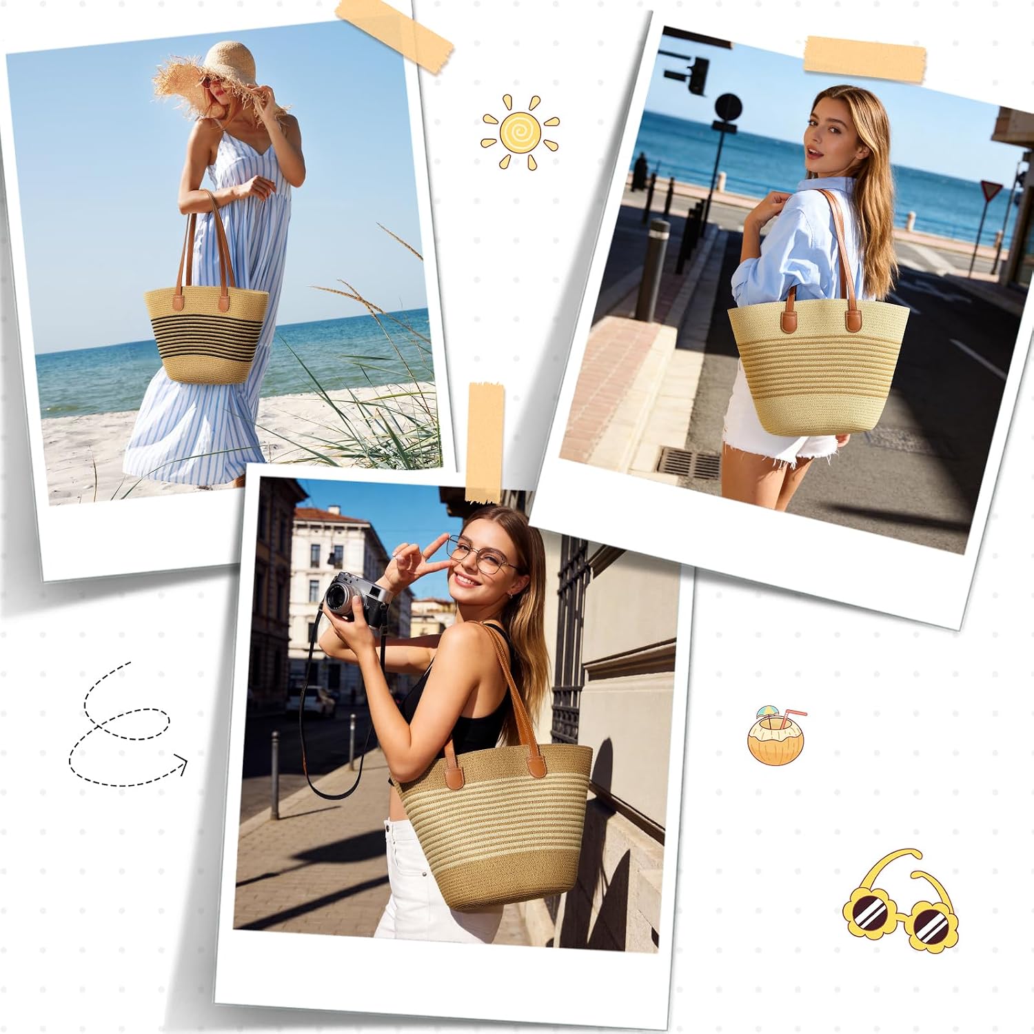Trifabricy Beach Bags for Women, Summer Beach Tote Straw Purse Shoulder Handbags Large Straw Beach Bag for Summer Travel