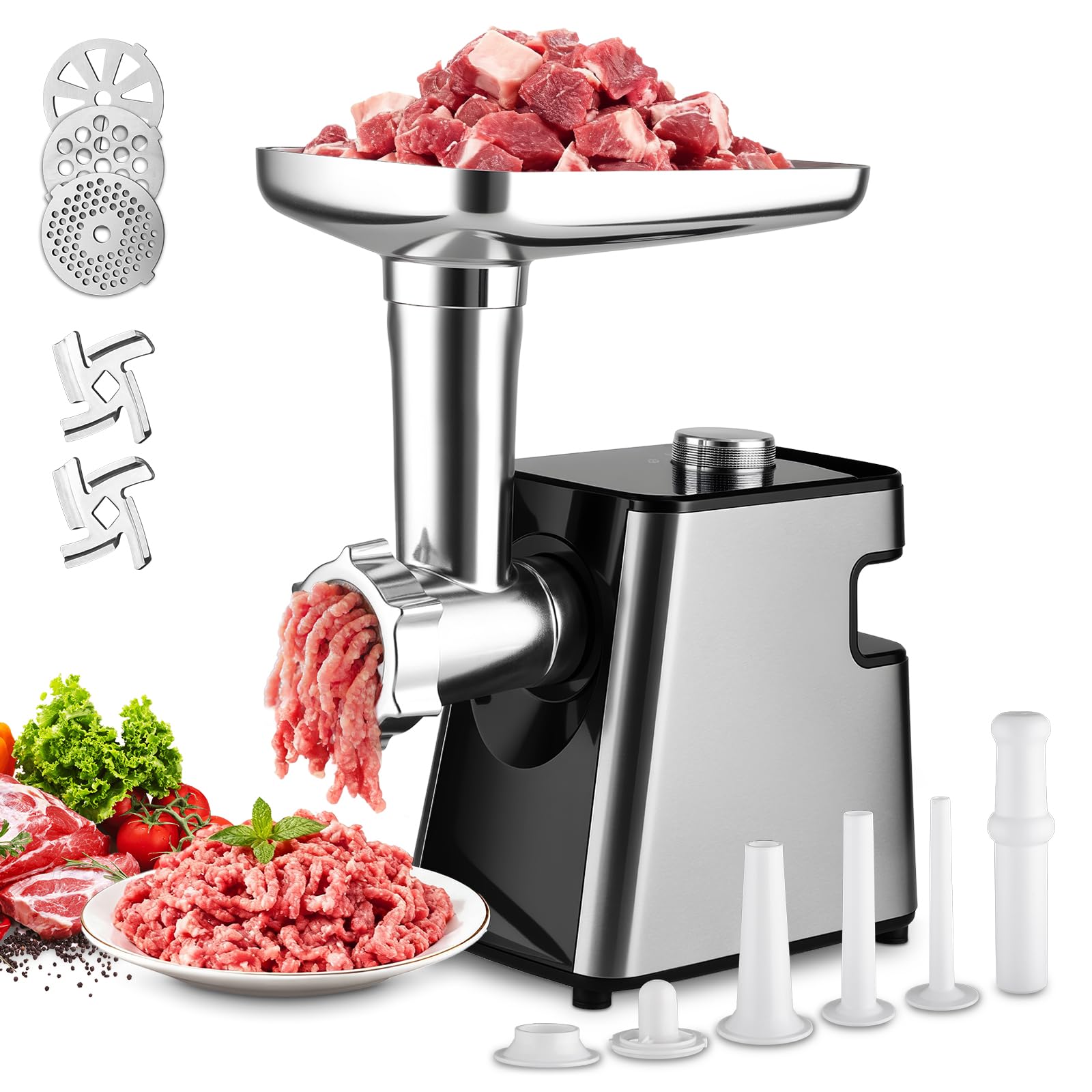 Tritacarne elettrico, macinacarne elettrico con tubi per salsicce, piccolo tritacarne per uso domestico e in cucina