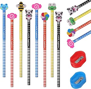 Pencils with Rubbers on the End - Vaktop 12pcs HB Pencils with 2pcs Pencil Sharpeners, Cartoon Pencils for School Children, Graphite Writing Pencils - for Handwriting and Drawing, Party Bag Fillers