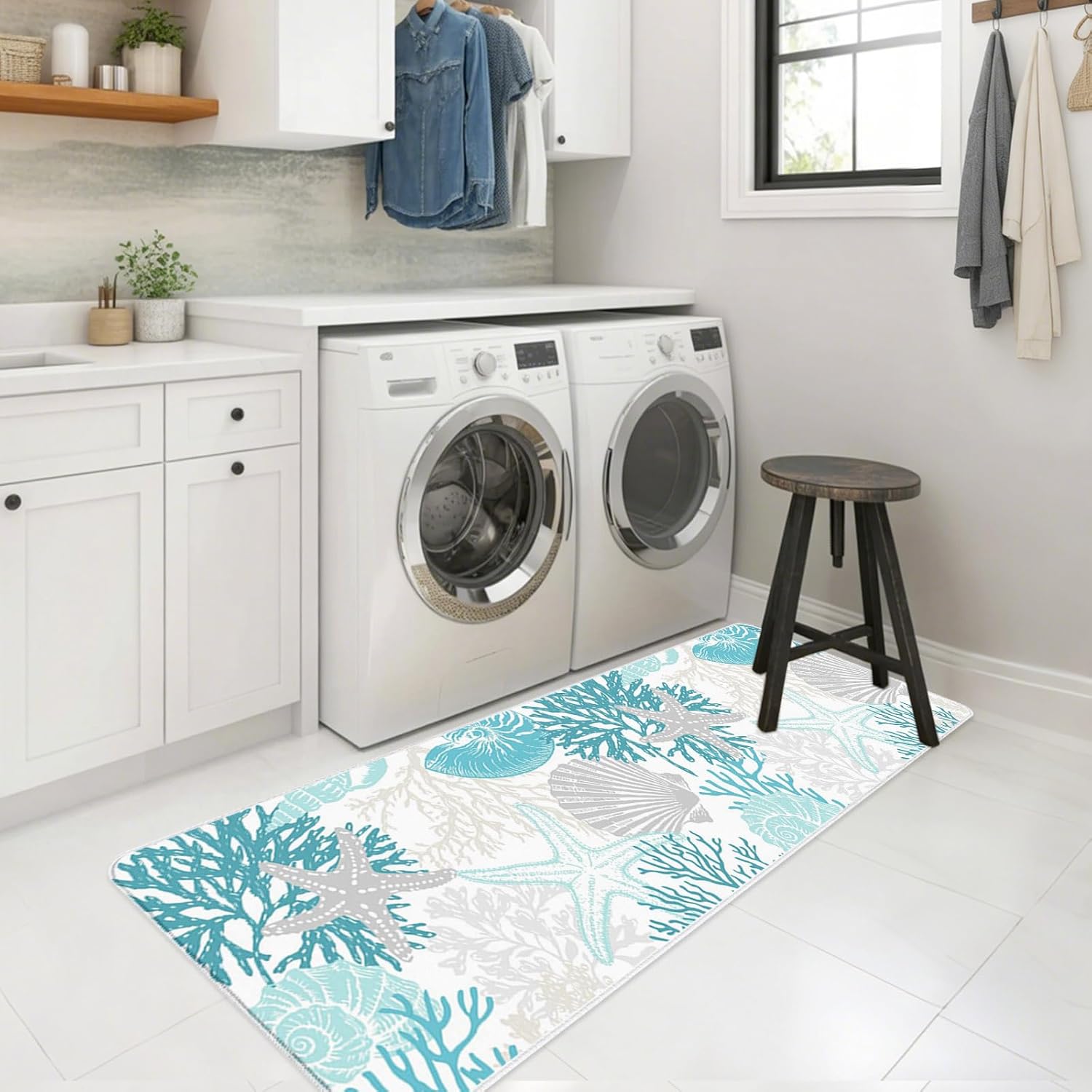Summer Marine Life Kitchen Mats Set of 2 Graffiti Corals Shell Sea Conch Starfish Blue Green Non Slip Mat Washable Floor Rug for Kitchen Sink Floor Laundry, 15.7"x23.6"+15.7"x47.2"
