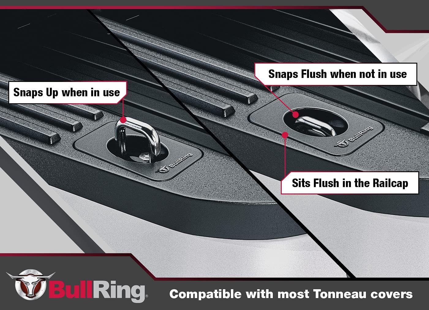 Bull Ring Offset Flush Fit Retractable Truck Bed Tie Downs for '15-'25 Ford F150, '17-'25 F250 & F350 Super Duty, '17-'25 Ford Raptor (Offset for Front, Middle & Rear Stake Pockets) (1 Pair)
