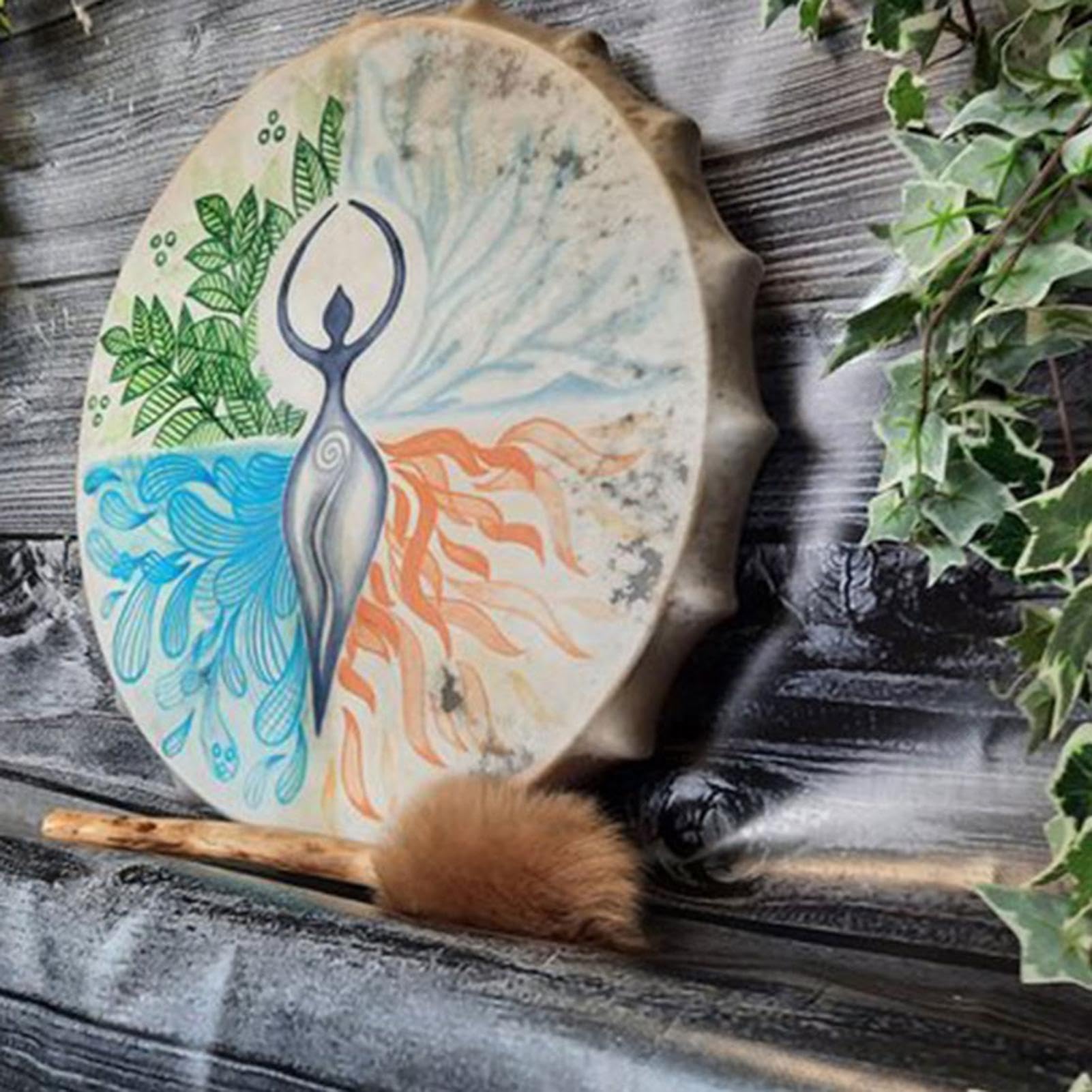Schamanentrommel mit Drumstick, Göttin, spirituelle Musik, Baum-des-Lebens-Dekoration, handgefertigt, schamanische Trommel, Symbol der sibirischen Trommelgeist-Musik für Zuhause, 25 x 5 cm