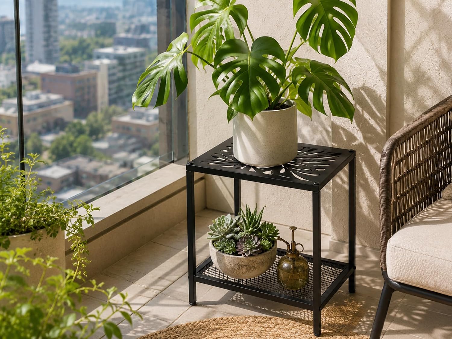 2-Tier Metal Side Table Rectangle Small End Table with Storage Shelf Laser-Cut Leaf Pattern Accent Table Indoor Outdoor Small Space Coffee Table for Living Room, Bedroom, Patio, Plant Stand, Black