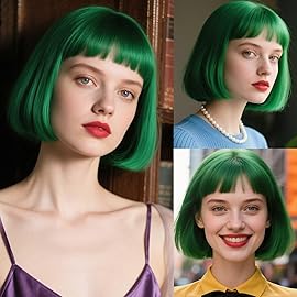 YOUNIGA Dark Green Bob Wig With Bangs 12 Inch Short Bob Wigs for Women Synthetic Fiber Short Bob Wigs Daily Life Halloween Cosplay Wig With One Cap (Dark Green)