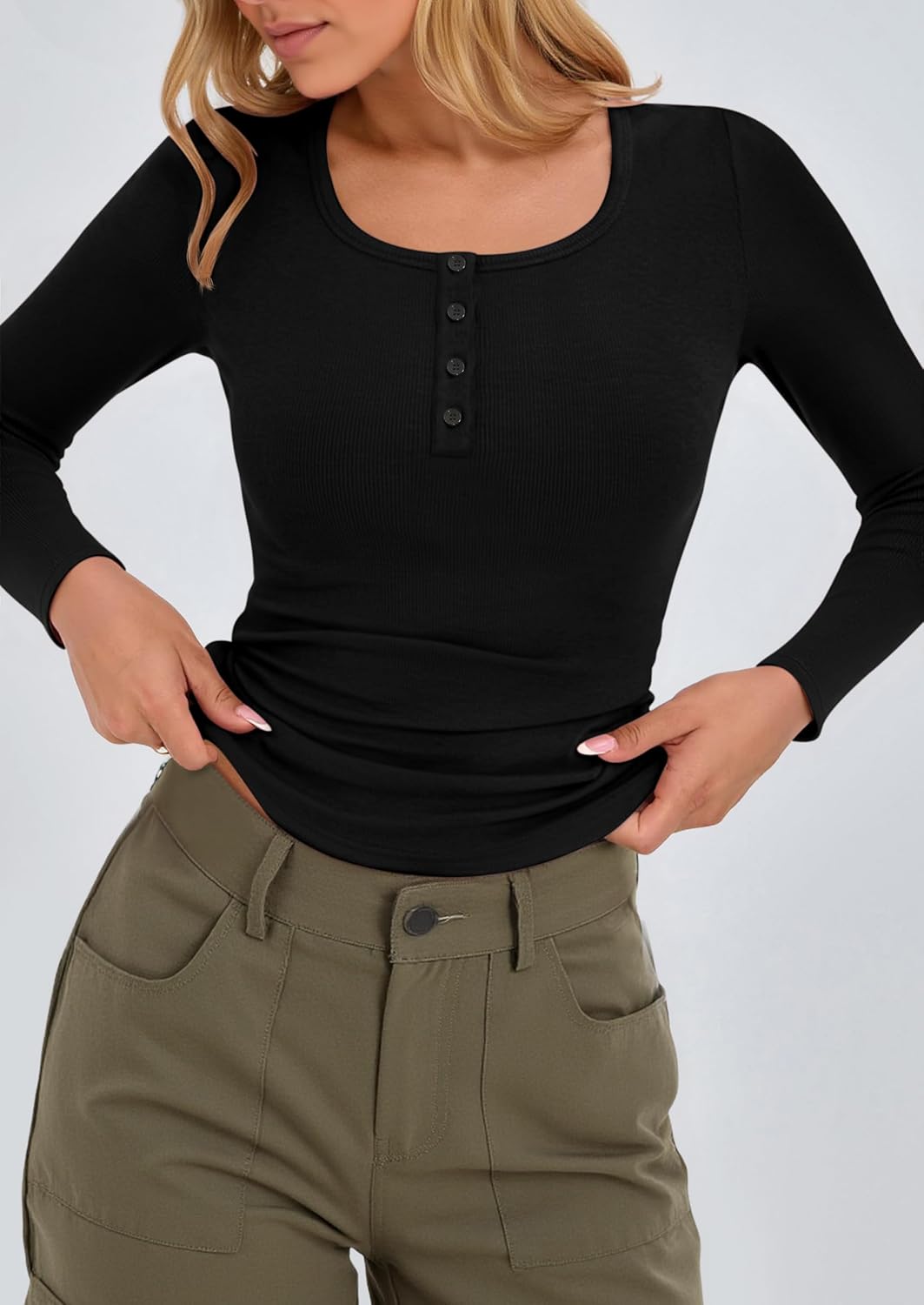 Stelle Long Sleeve Henley Shirts for Women Casual Basic Crop Top Ribbed Knit Button Slim Fitted Tshirts - Image 5