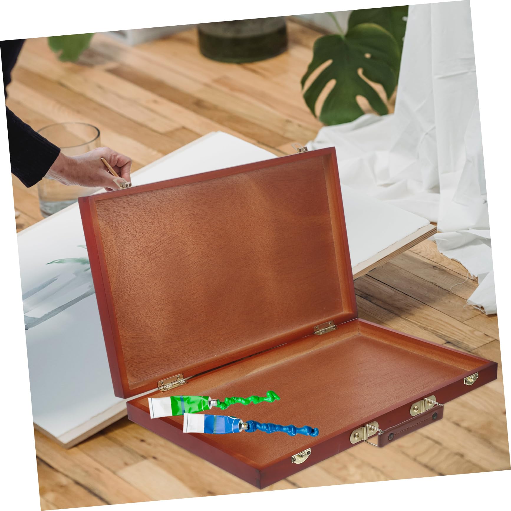 Housoutil Scatola in Legno per Pennelli e Matite da Disegno Valigetta da Pittura Portatile con Manico Custodia Rigida Multifunzione per Acquerelli e Oli Adatta Scuola e Hobby Artistici