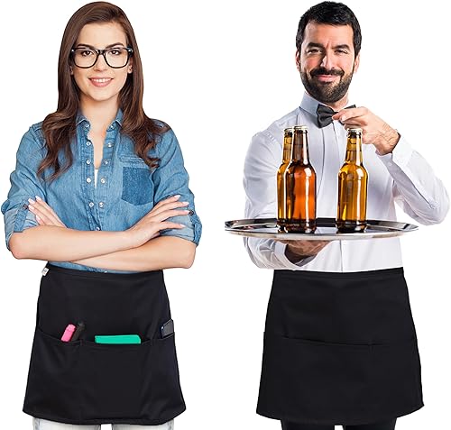 Miniatura 6 de Ruvanti Delantal de cintura para camareroservidor mezcla de algodón 3 bolsillos lazos largos