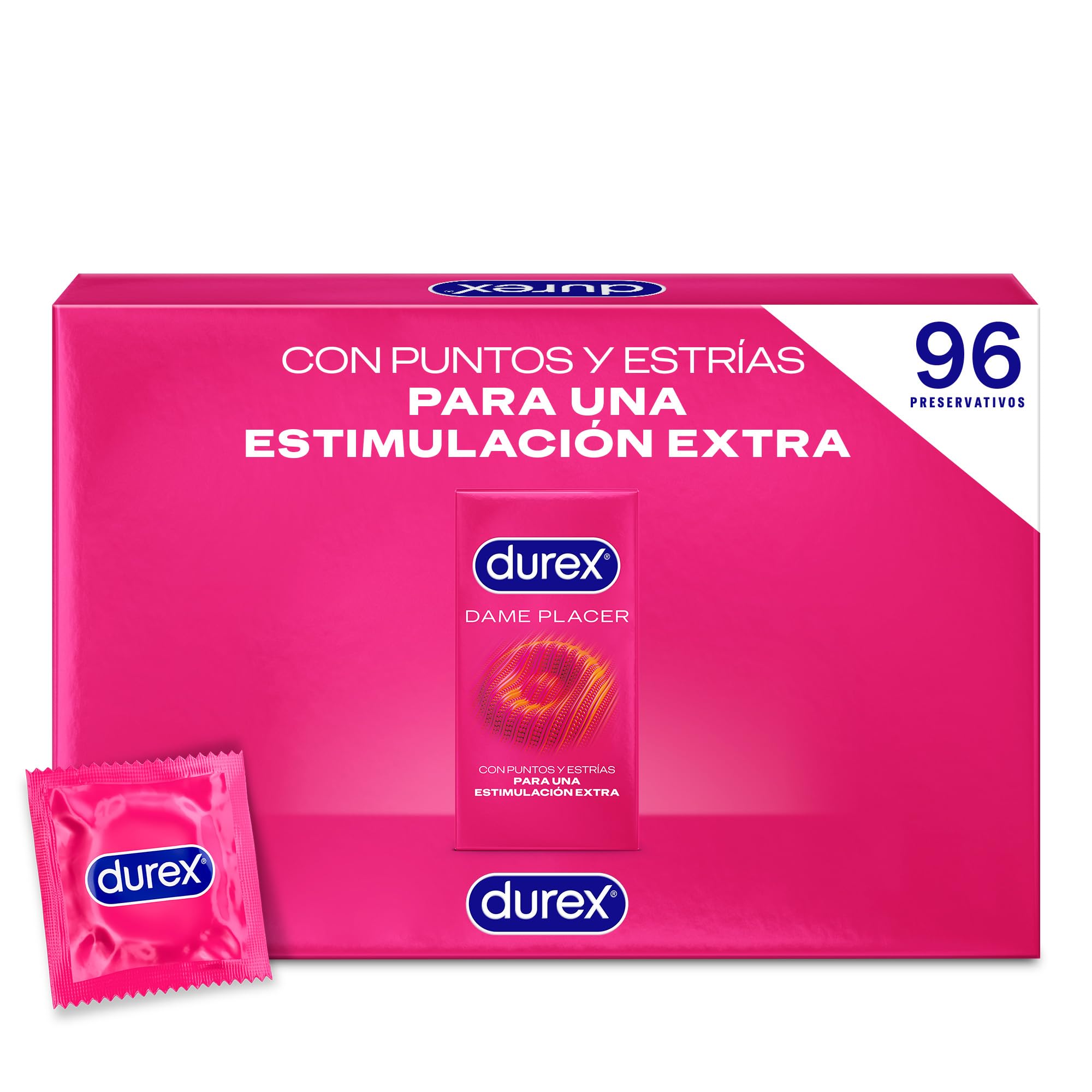 Durex Preservativos Dame Placer, Con Puntos y Estrías, Extra Lubricados,Forma Easy-On, 96 condones