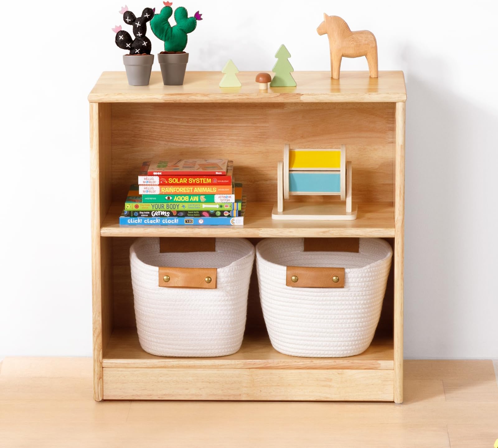OOOK Rubber Wood Montessori Shelf and Toy Storage, 23.6" L, Compact Toddler Bookshelf for Small Space, Solid Wood Storage Cabinet Shelves for Classroom, Kindergarten, Kids Room, Playroom