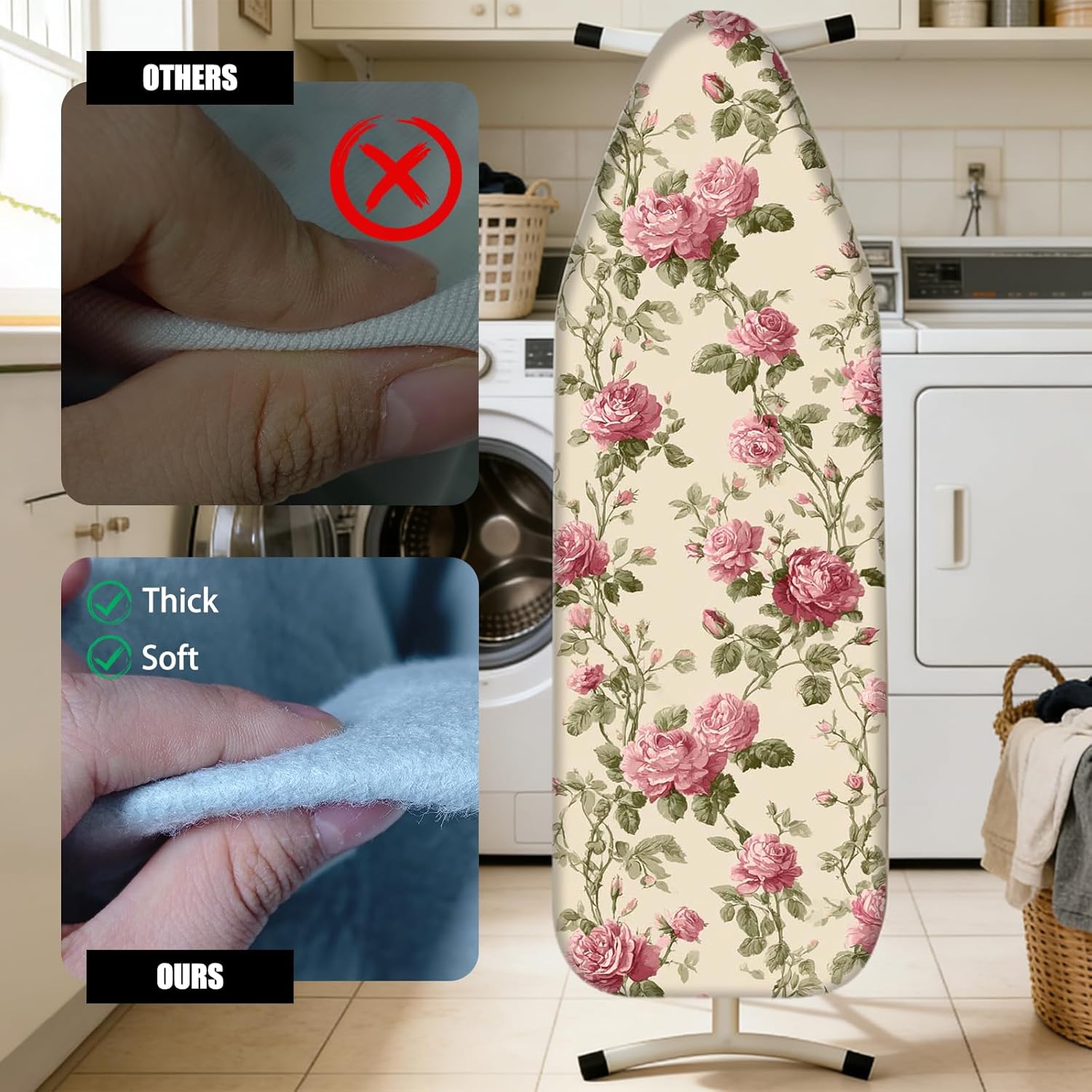 Nuxovilar Ironing Board Cover Needle Cotton 15x54 Inches | Ironing Board Cover and Pad Vintage Rose Needle Cotton for Bedroom, Laundry Area, Home