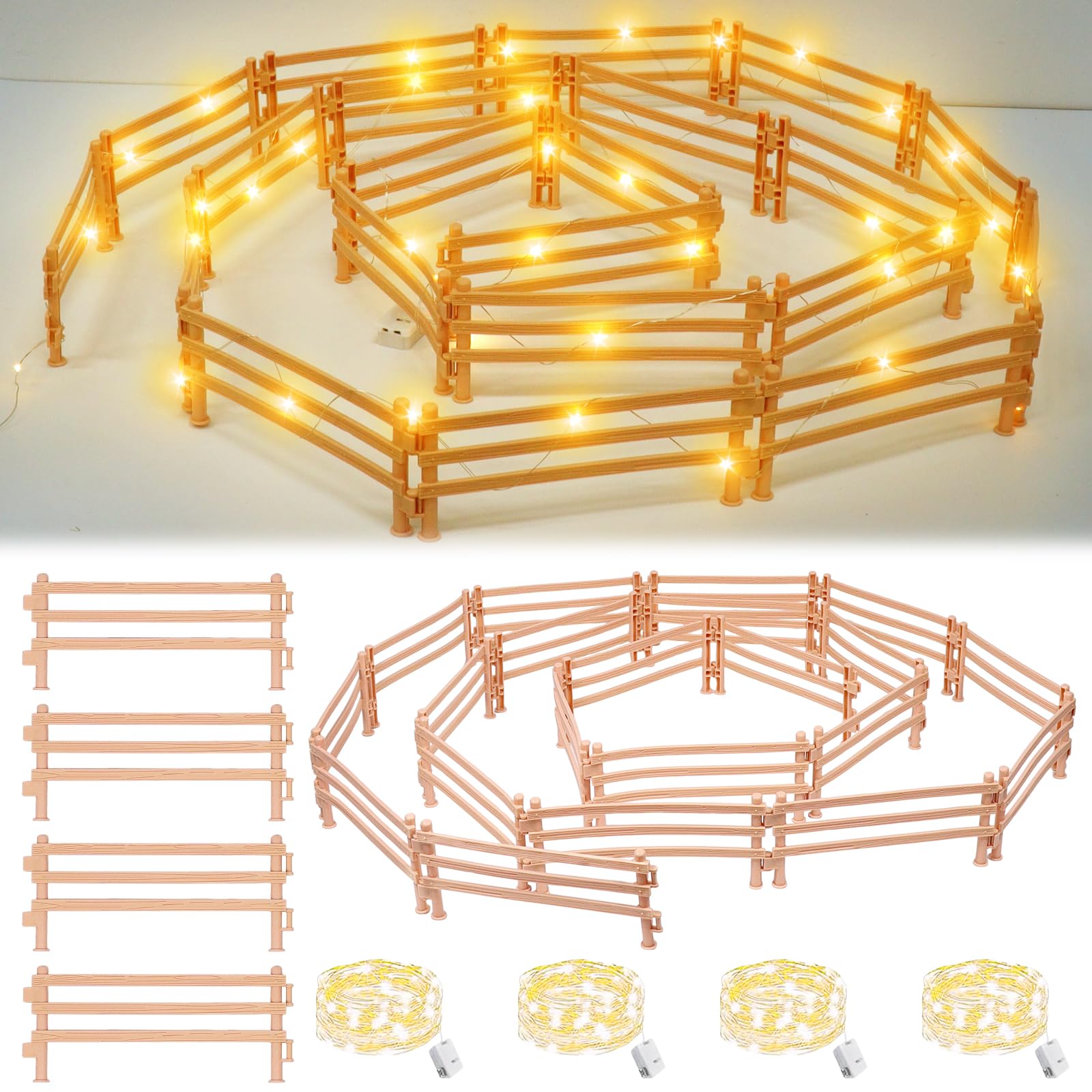 Set De 40 Vallas De Juguete Para Granja Con 4 Tiras De Luces LED De 3 M – Montable, Con 3 Modos De Luz, Decoración De Paisajes