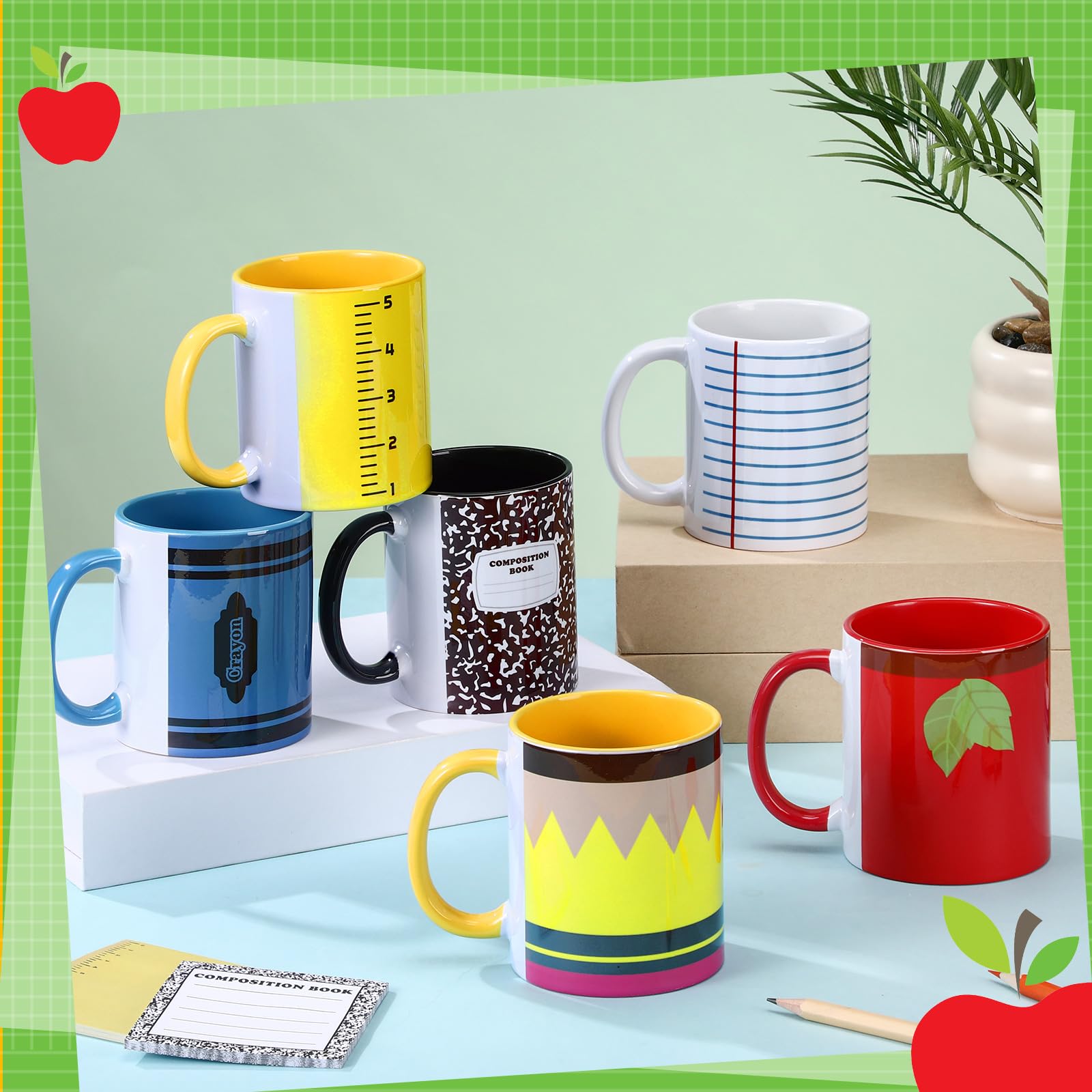 Lot de 6 tasses à café en céramique avec poignées pour enseignant de Noël, Thanksgiving, carnet de notes, design crayon pour maternelle, enseignant primaire - 325 ml