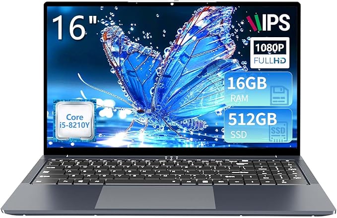 16" Ordinateur Portable Core i5 8210Y (jusqu'à 3.6 GHz) 16Go RAM 512Go SSD Win 11 Laptop Écran IPS Clavier Numérique Rétroéclairé RJ45 USB3.0 HDMI BT 5.0 – PC Portable Multitâche et Mobilité
