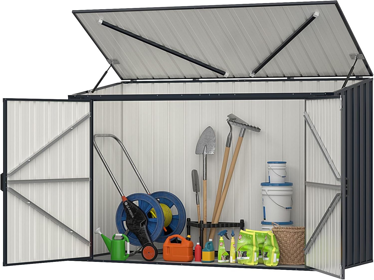 RELAX4LIFE Metall Gerätehaus, 193 x 86 x 127 cm, Gartengerätehaus Outdoor mit abschließbaren Türen, Wetterfester Geräteschuppen für Mülltonnen, Werkzeuge, Fahrrad, Gartenhaus 1,9m³, Anthrazit