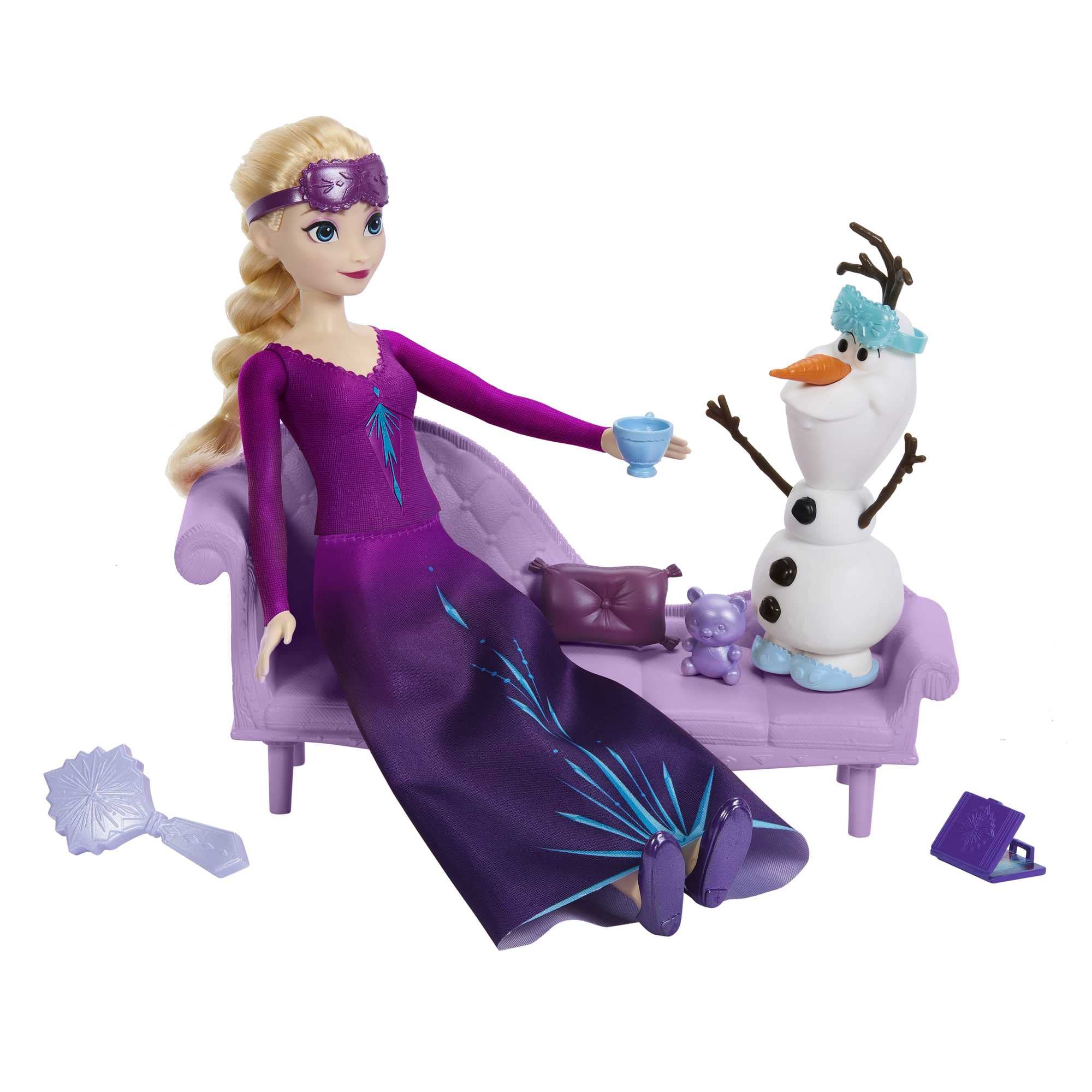 Mattel Disney Frozen - Elsa e Olaf Sogni di Neve, playset ispirato al film con Elsa e Olaf, poltrona e 7 accessori a tema notte inclusi, giocattoli per bambini, 3+ anni, HLX27