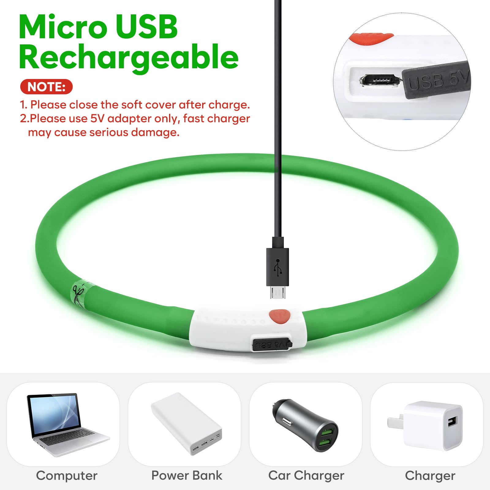 HIGO Collar de perro LED, recargable por USB, collar de perro con luz brillante, collar de perro ligero de silicona para tus perros pequeños, medianos y grandes (verde)