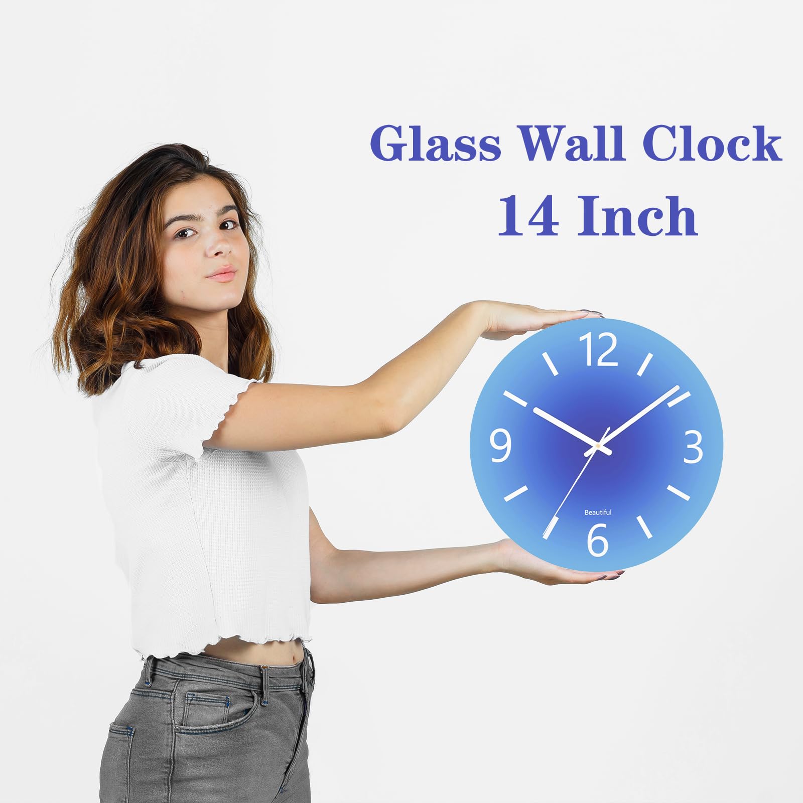 Grande horloge murale en verre trempé, moderne ronde de 35,6 cm, horloge décorative pour cuisine/salle de bain/salon, horloge analogique d'extérieur de style simple à piles pour terrasse