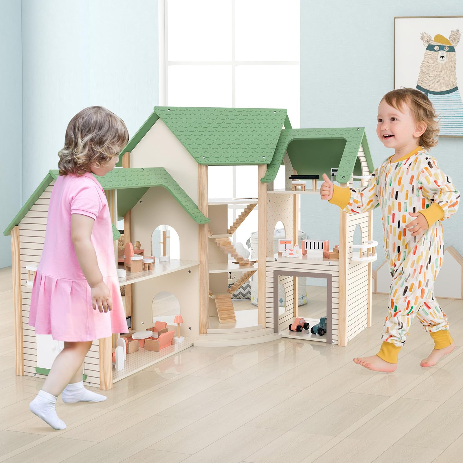 COSTWAY Casa de Muñecas Esquinera de Madera, Casita Infantil con Techo Verde con 36 Muebles y Accesorios, Casa de Ensueño con 3 Pisos, 6 Habitaciones, Balcones y Garaje, para Niños de 3+ Años