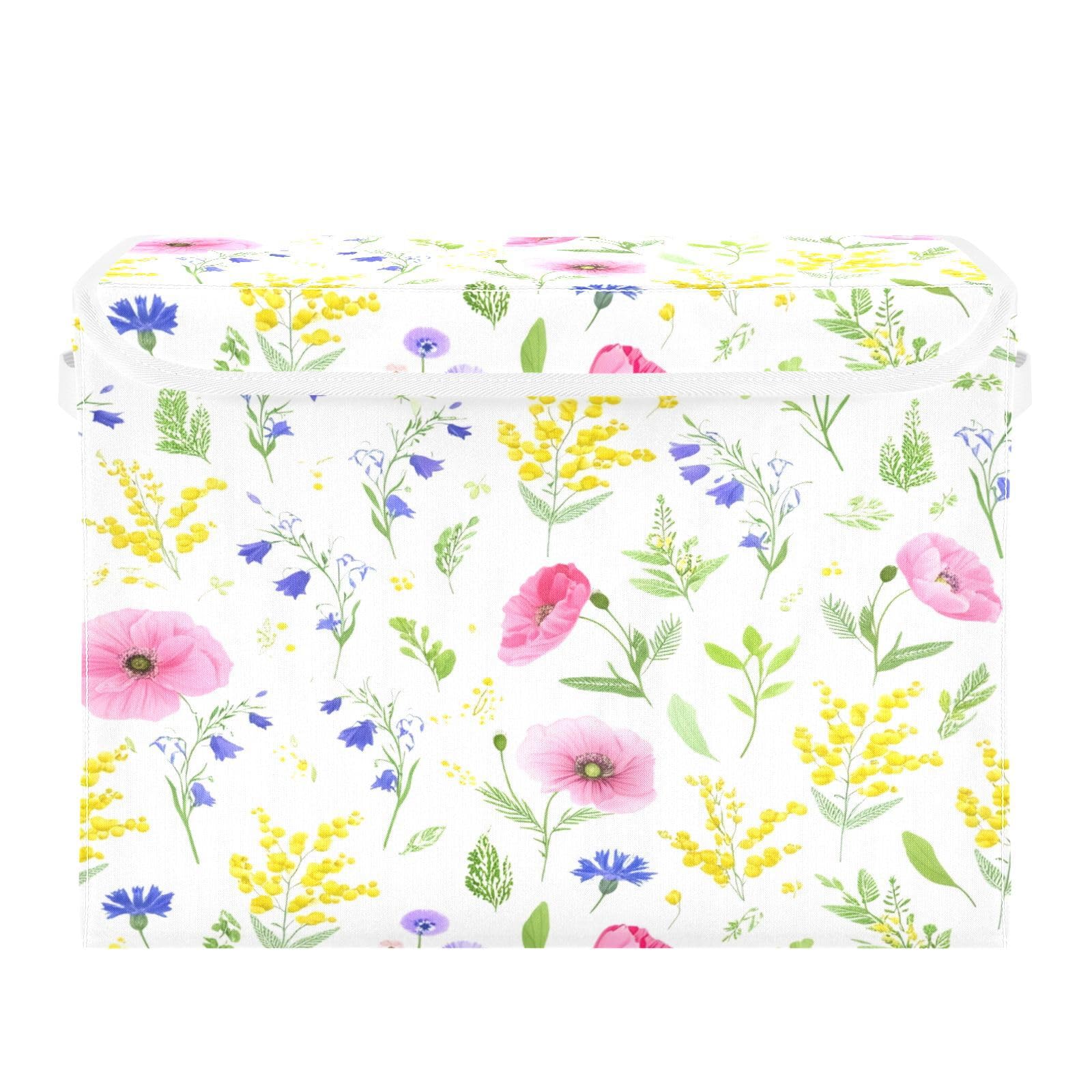 Ewusp Flowers Fabric Storage Bin with Lid, Decorative Foldable Storage Basket with Handles, Stackable Closet Shelf Organiser Box for Clothes, Books, Bedroom, Living Room