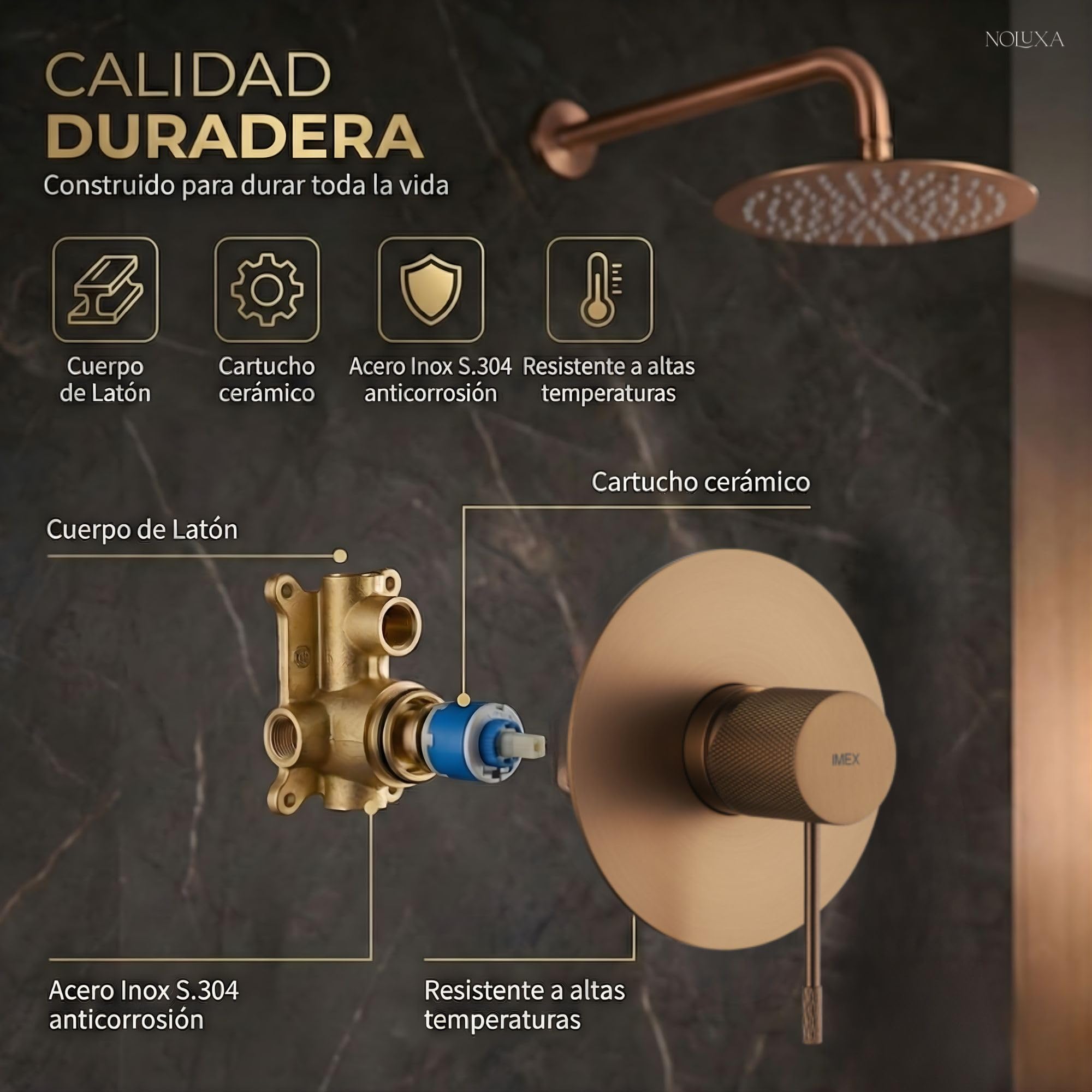 IMEX - Ducha Empotrada Oro Rosa Monomando | Conjunto de Grifería Empotrado con Rociador Antical Efecto Lluvia Cobre | Columna Ducha Empotrada con Grifo en Latón y Acero Inox S.304 (SIN ALCACHOFA)
