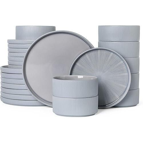 Dinnerware Sets for 8, Ceramic Plates and Bowls Set 24 Piece Dinnerware Chip Resistant Stoneware, Dishwasher and Microwave Safe-blue