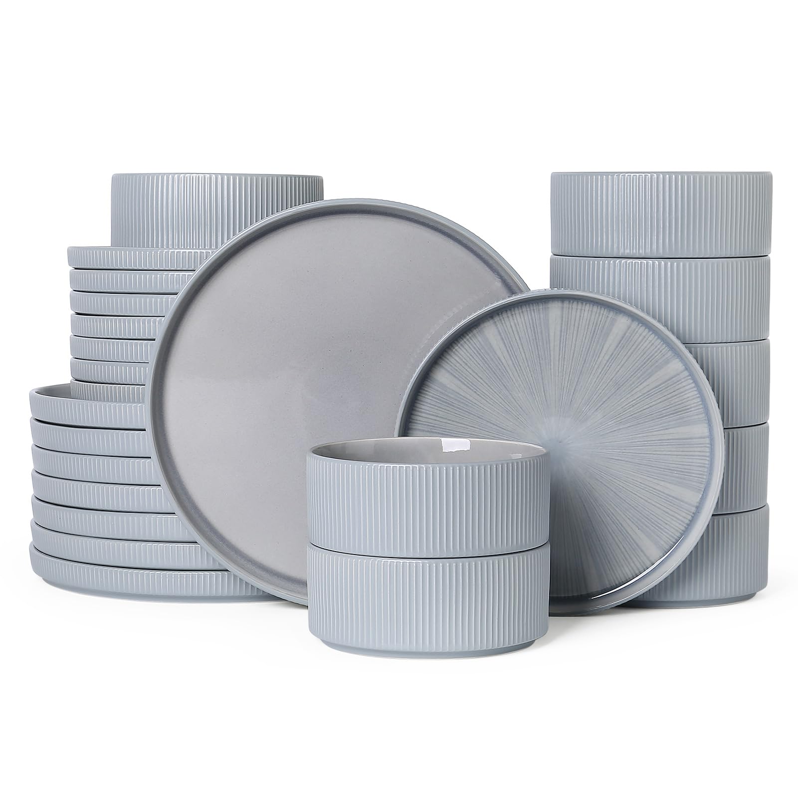 Dinnerware Sets, Ceramic Plates and Bowls Set 24 Piece Dinnerware for 8 Chip Resistant Stoneware with Advanced Inkjet Printing Technology, Dishwasher and Microwave Safe-Smoky Blue