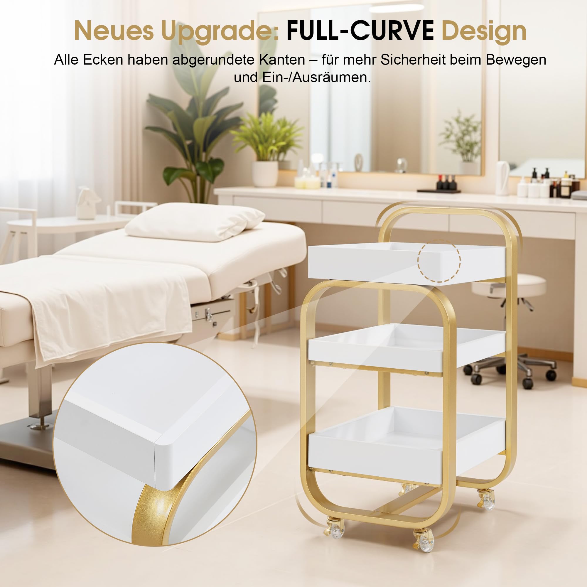 Rollwagen Servierwagen 3-stufiger Stylisten Kosmetikwagen mit Rollen Arbeitswagen Kosmetik Moderner Arbeitswagen für Bad Wohnzimmer Beauty SPA Wagen Gold