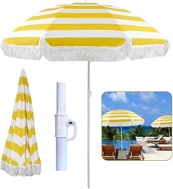 Holiday Outdoor Patio Umbrella 5.9ft Fringe Tassel 45 Tilt 8 Sturdy Ribs UPF50+ Yellow White Striped Sunshade For Beach Garden Pool Lawn Deck