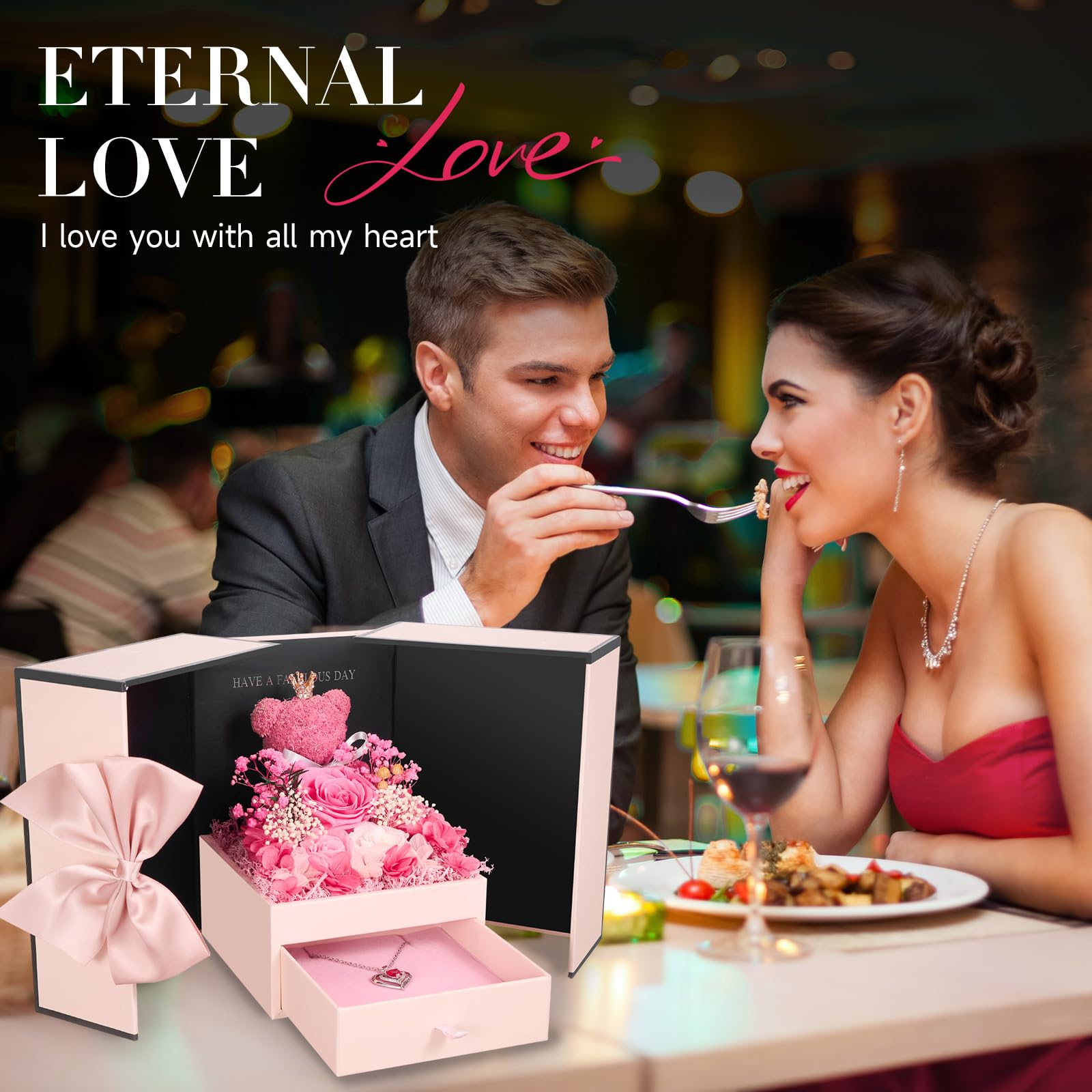 Rosa Eterna con Oso de Musgo para Mujeres, Flores Natural Preservada con Collar, Regalos de San Valentin Originales para Mujer Mama Novia, Caja Regalo Dia de la Madre, Aniversario, Cumpleaños, Navidad