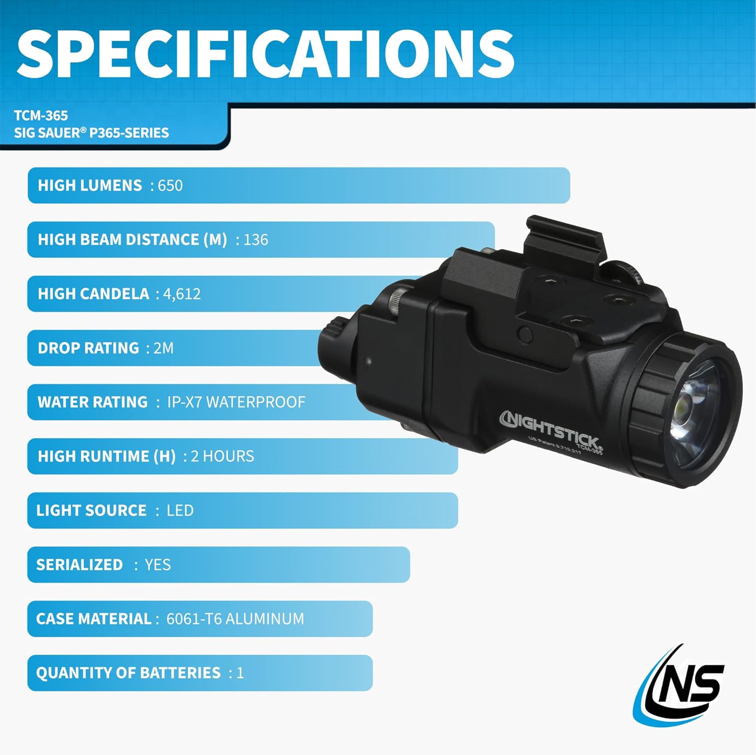 Nightstick TCM-365 Subcompact Handgun Light, Sig Sauer P365 Models - 1 CR123 - Black NS1-BATT Li-Ion USB-C Battery - 16310 Size - 3.6V, 850mAh