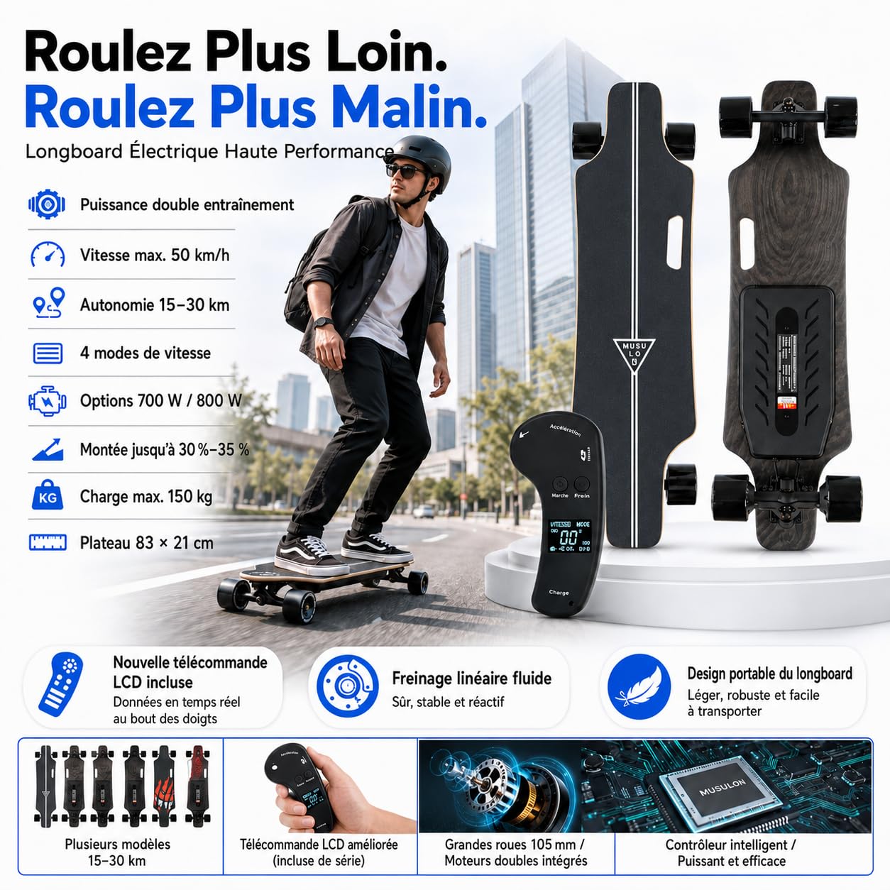 Skate Électrique 105MM Big Wheel, Double Transmission, Télécommande LCD Améliorée, Plateau Stable en Érable, Idéal Débutants et Riders Expérimentés sur Parcs et Chemins Pavés