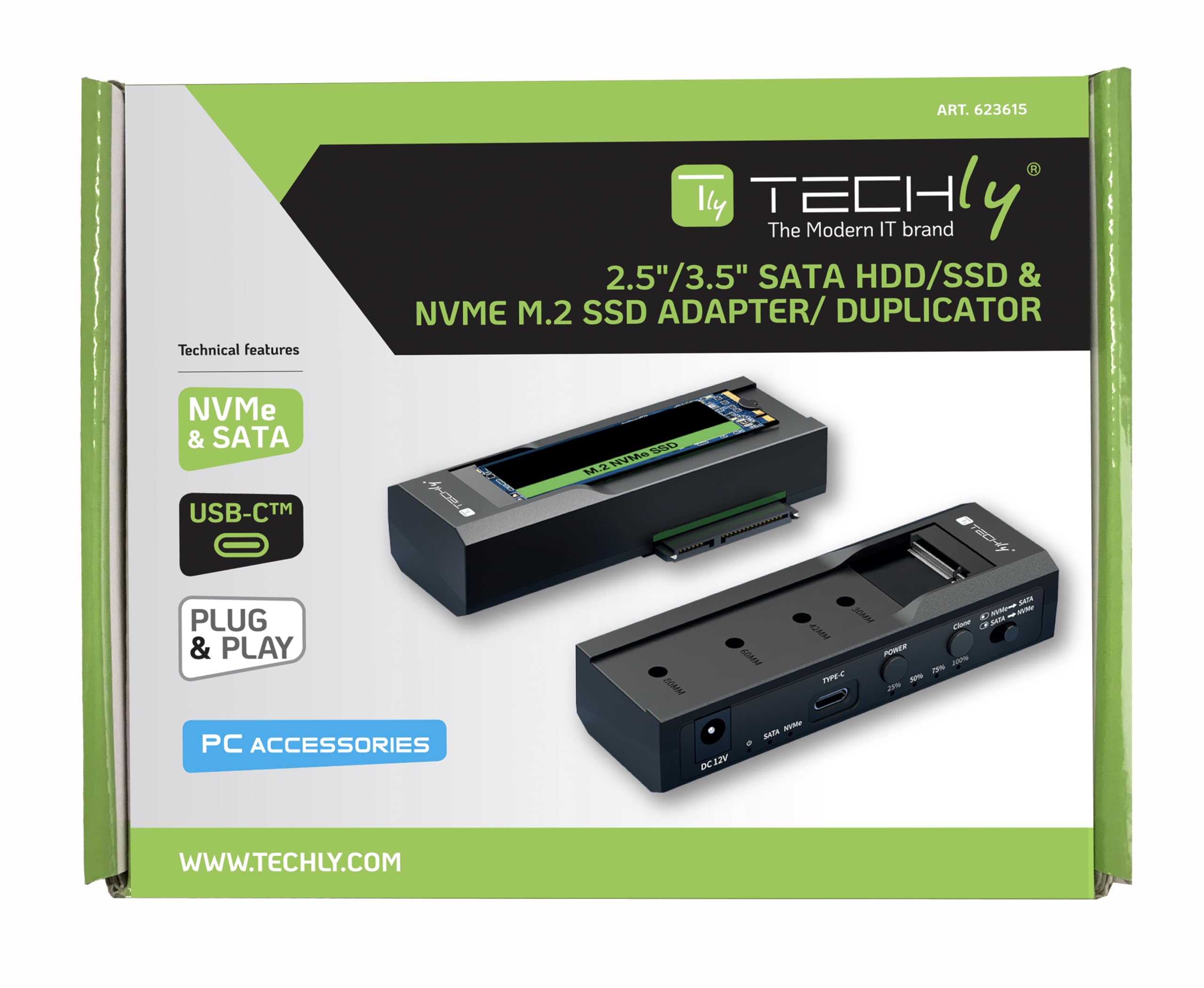 Techly 623615 Adattatore/Duplicatore per HDD/SSD SATA da 2,5”/3,5” e SSD NVME M.2 Nero
