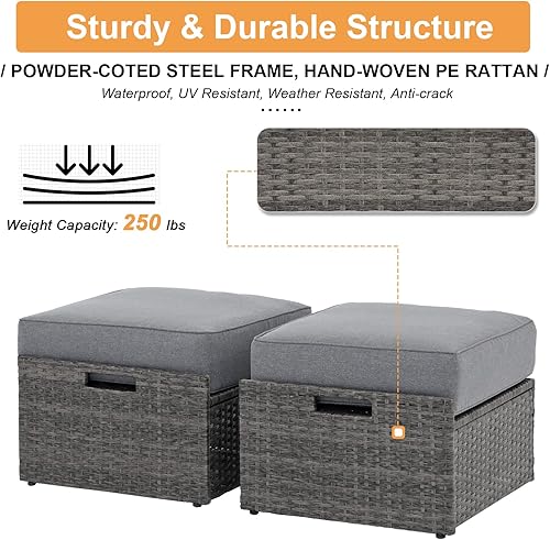 Miniatura 4 de Super Patio Juego de 2 otomanas de mimbre para exteriores, juego de otomanas de ratán para todo tipo de clima, con cojín grueso, 2 reposapiés,