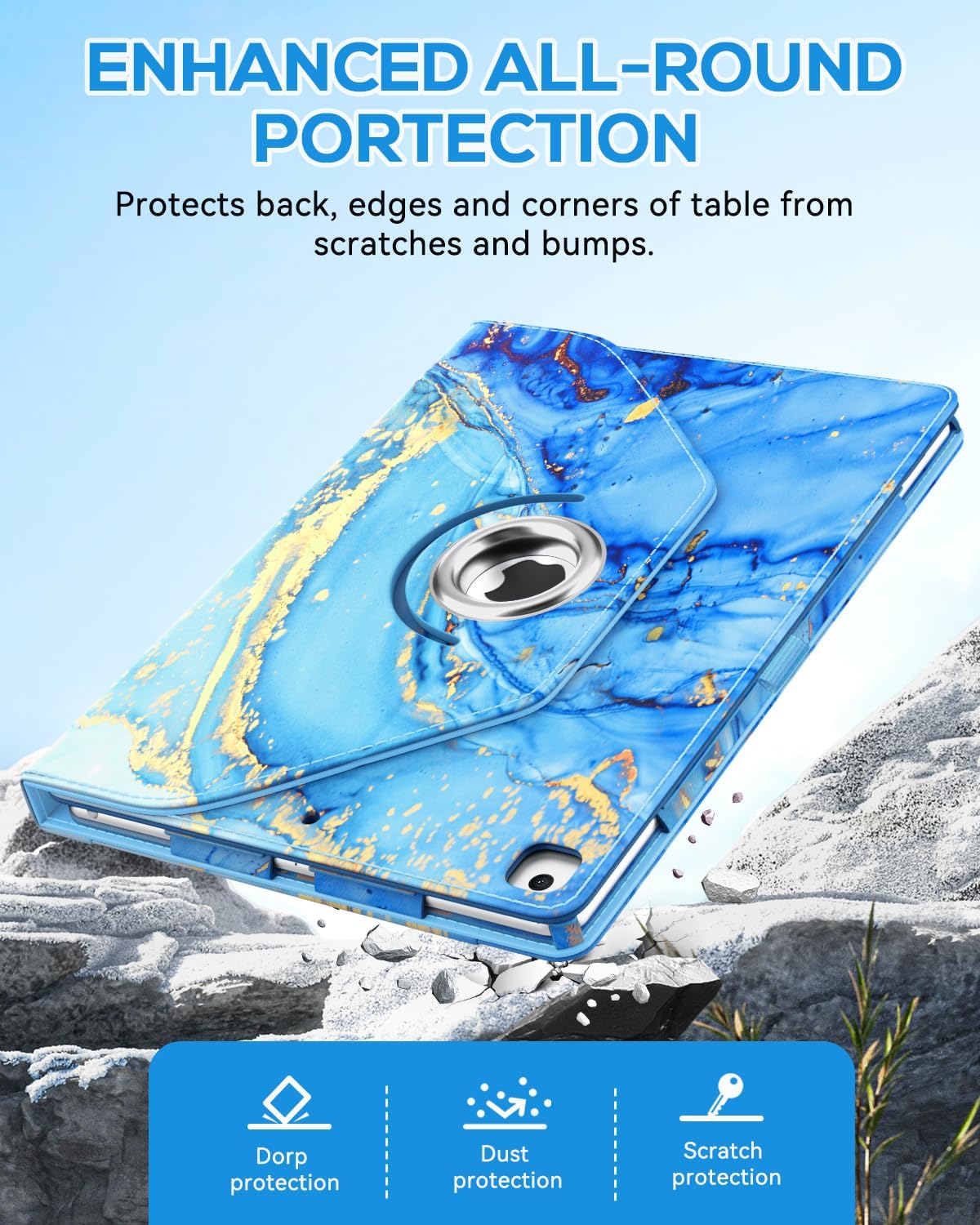ZoneFoker Case for iPad 9th/ 8th/ 7th Generation, iPad 10.2 inch Case 2021/2020/ 2019, 360 Degree Rotating Stand, iPad 9 8 7 Gen 10.2'' Leather Cover with Pocket Design & Pencil Holder, Marble Blue