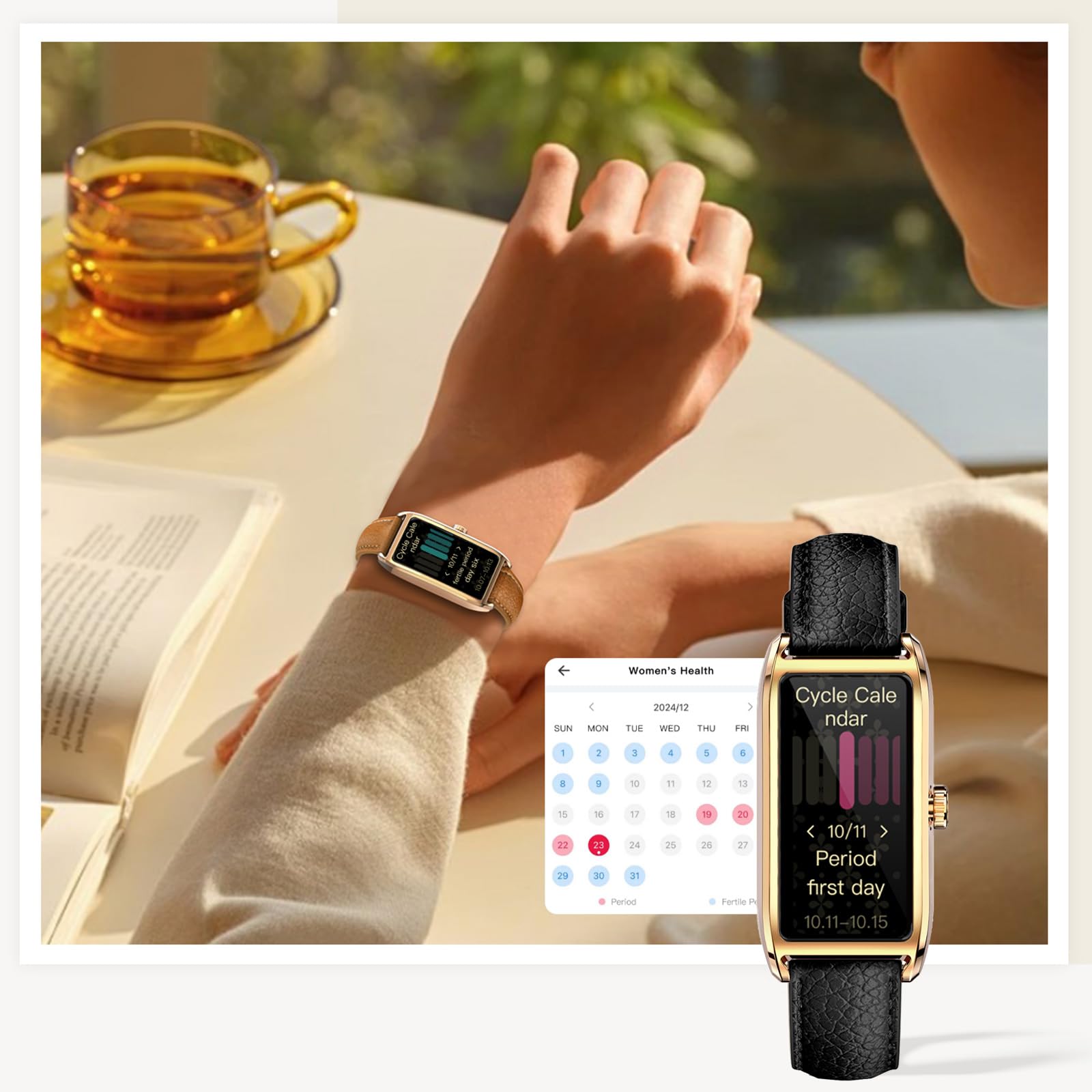 AMOLED Montre connectée élégante et fine pour femme - 1,13" - Moniteur de fréquence cardiaque - Podomètre - Analyse du sommeil - Cycle menstruel - Montre de sport - Or - Étanche IP68