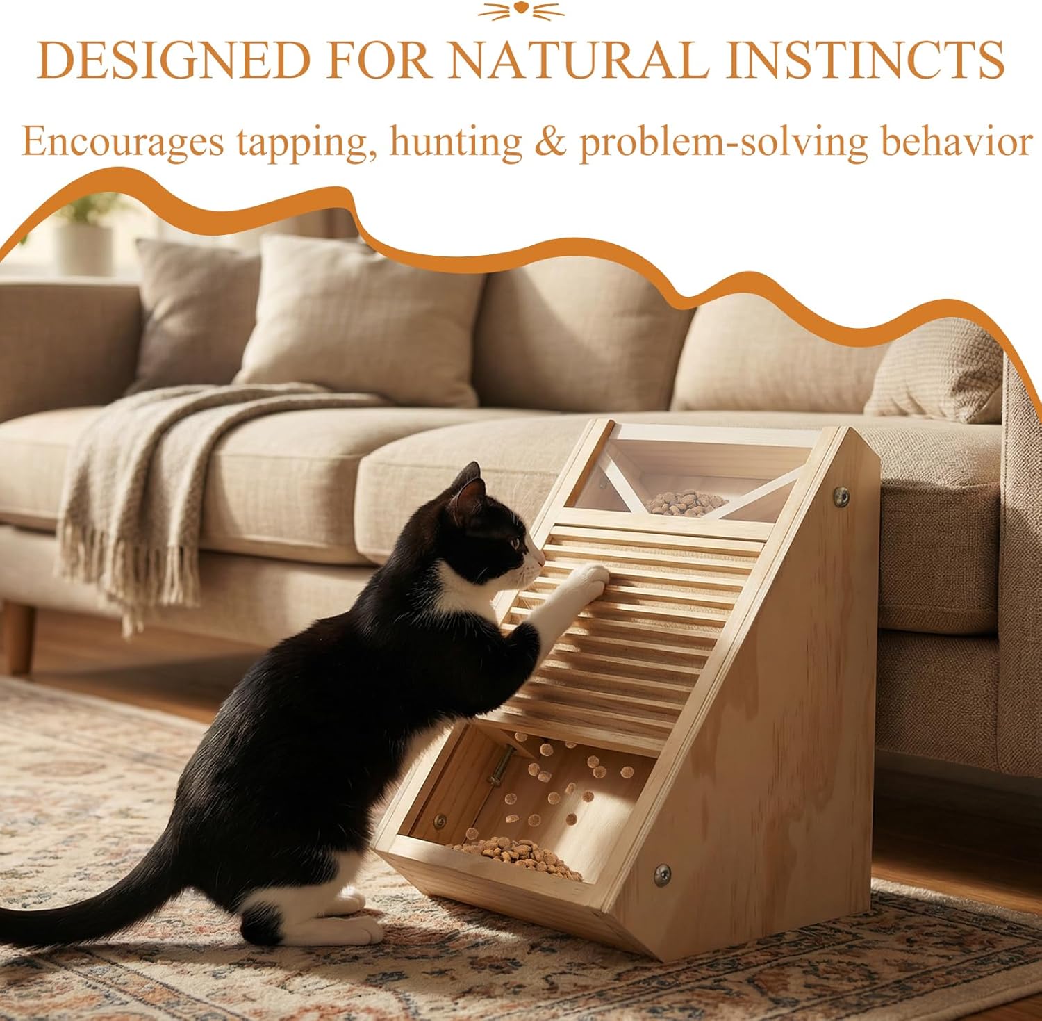 Interactive Cat Treat Toy – Wooden Food Dispensing Cat Toy for Indoor Cats, Paw-Activated Reward Feeder, Cat Enrichment & Puzzle Toy for Mental Stimulation