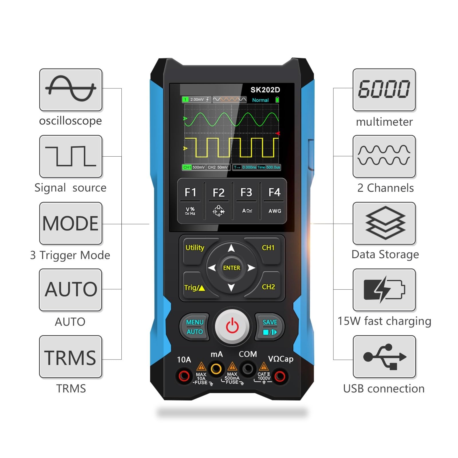Osciloscopio digital, Osciloscopio portátil de 2 canales SK202D, multímetro y alcance 3 en 1 80 MHz 250 MSa/s