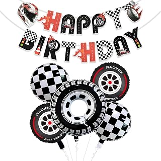 Rozi Decoration Racing Theme Birthday Party Decoration Set 6 Pcs Car Party Supplies with Happy Birthday Banner, Tire Balloons, and Checkered Flag Foil Balloons for Kids Boys Girls