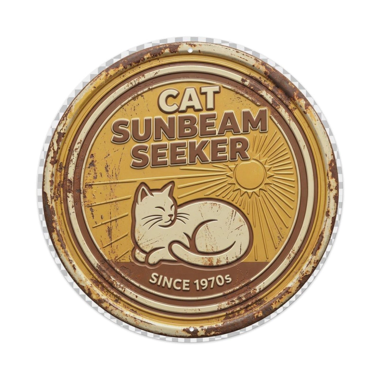 Cat Sunbeam Seeker Feline Metal Tin Sign Plaque Wall Decor for Cafe, Club Bar, Office, Home Garden Round Metal Poster 8x8Inch