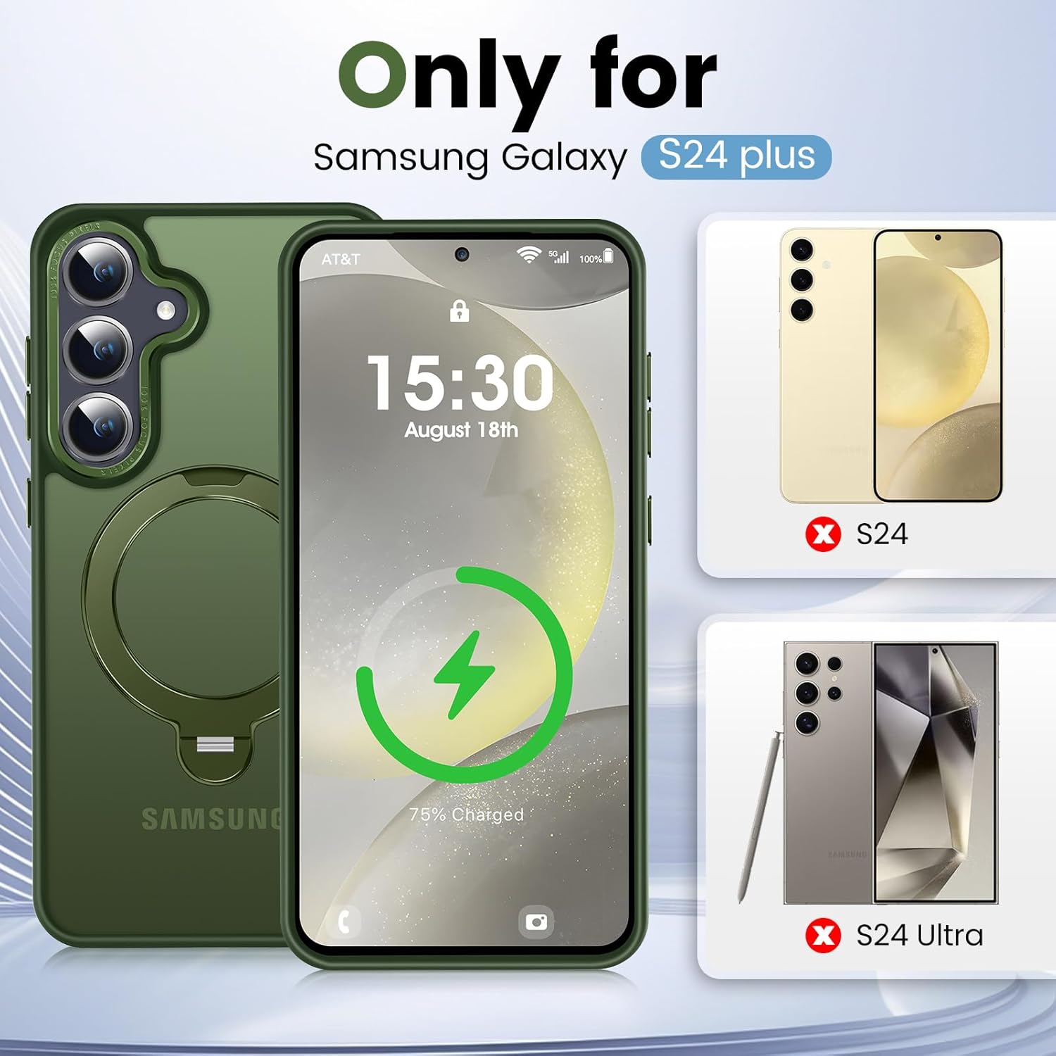 360° Spin Magnetic Ring Stand for Samsung Galaxy S24 Plus Case, Military-Grade Drop and Shock, Supports Magnetic Charging, Translucent Matte Phone Case for Samsung S24 Plus (Matte Green)