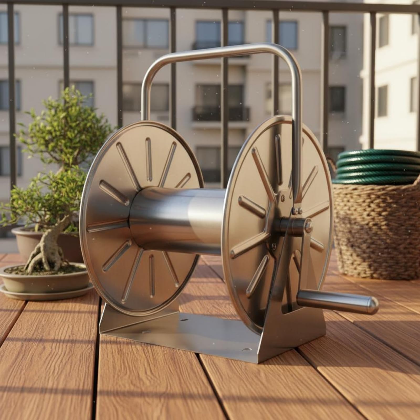 Hose Aufbewahrungsorganizer Schlauchtrommel Gartenschlauchaufroller Schlauchhalter aus Edelstahl für Außenbereich mit Sanftem Aufrollen Spart Zeit für Bewässerung Außenreinigung