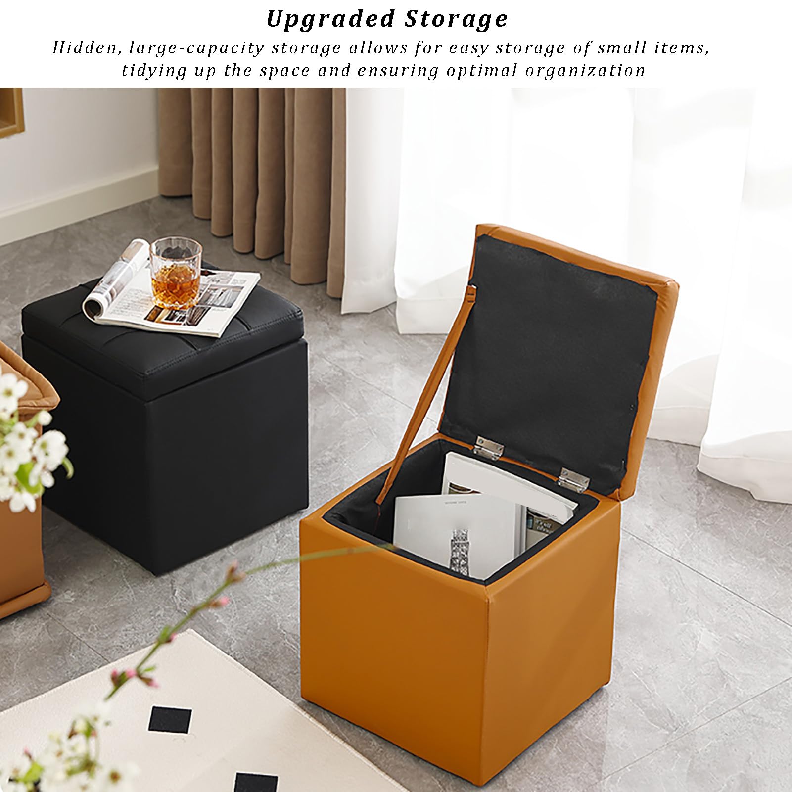 Pouf in ecopelle con contenitore, coperchio sollevabile, panca imbottita per scarpe, elegante sgabello poggiapiedi per soggiorno, camera da letto, ingresso