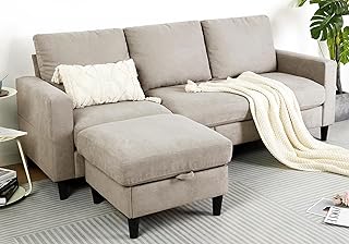 Advwin 3 Seater Sofa, Linen L-Shaped Convertible Sofa Couch with Storage Ottoman, Modern Sectional Couch with Chaise, 198 ...