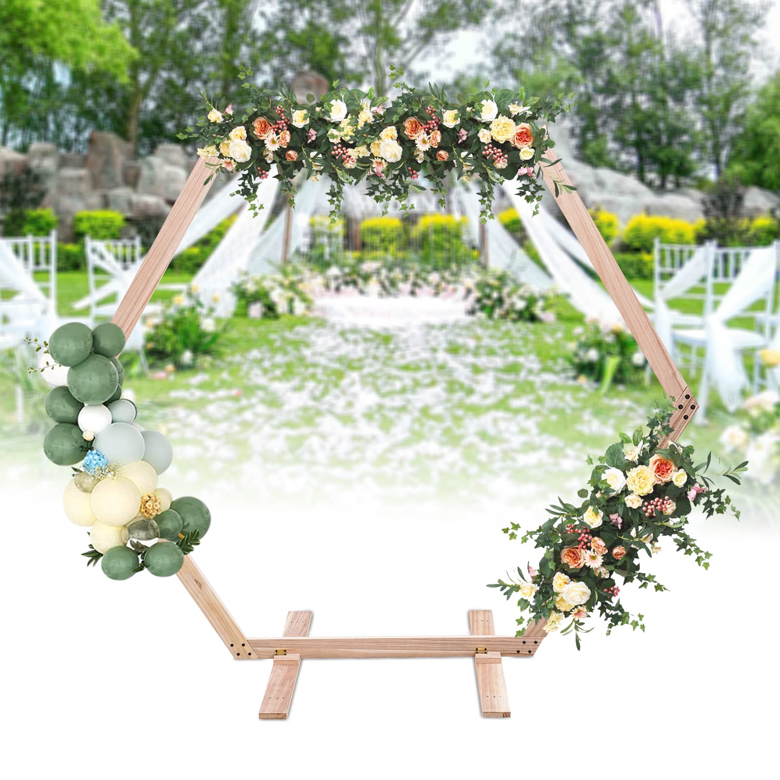 Cadre d'arche de mariage hexagonal en bois - Style rétro - Élégance - Planches épaisses - Grande capacité de charge - Pour mariages et anniversaires - 233 x 225 cm