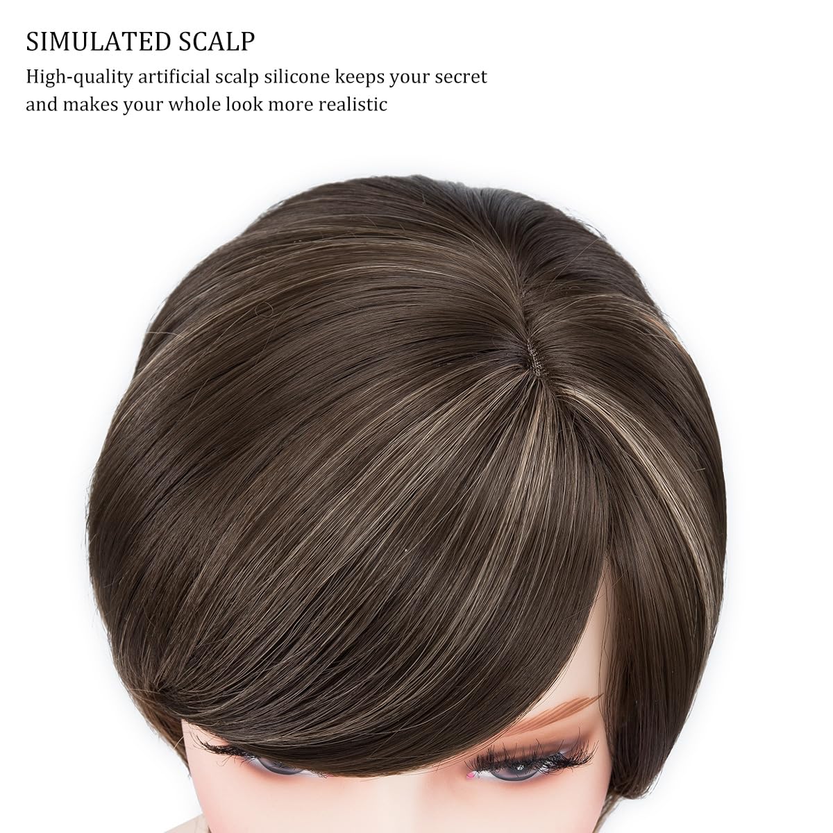 Yamel Hair Topper with Bangs 3 Clips Multi-Dimensional 7 Inches Short Synthetic Wiglets Natural Hairpieces for Thinning Hair Natural Brown mix Dark Blonde - Image 4