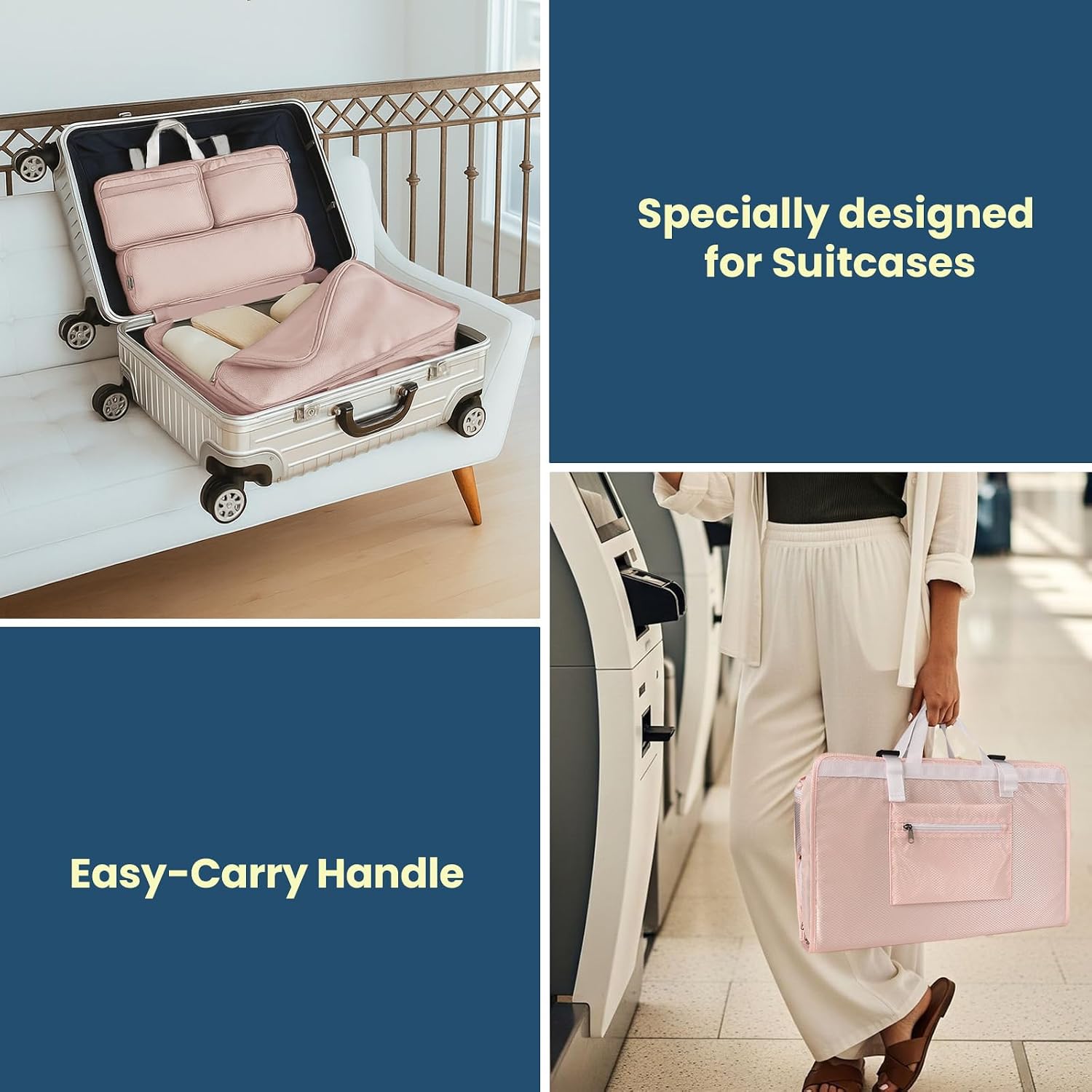 Surblue Travel Hanging Storage Bag for Luggage with Hooks and Handle Compression Packing Cube 6-in-1 Suitcase Organizer Travel Packing Organizers Space-Saving Carry-on Closet, Pink