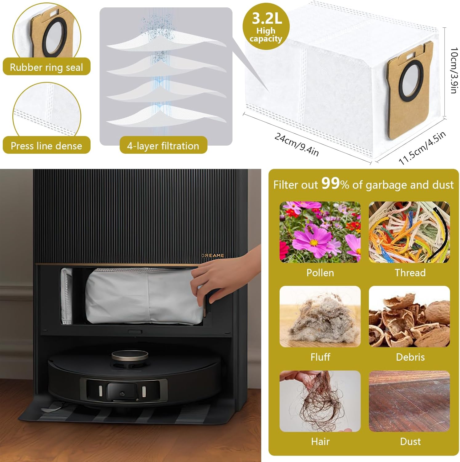 L20 Ultra/L20 Ultra Complete/L30 Ultra/L30 Ultra Complete Replacement Parts for Dreame Vacuum Cleaner, Accessory Kit: 2 Main Brushes, 6 Side Brushes, 4 HEPA Filters, 6 Dust Bags, 8 Wipes-Yivy 28PCS