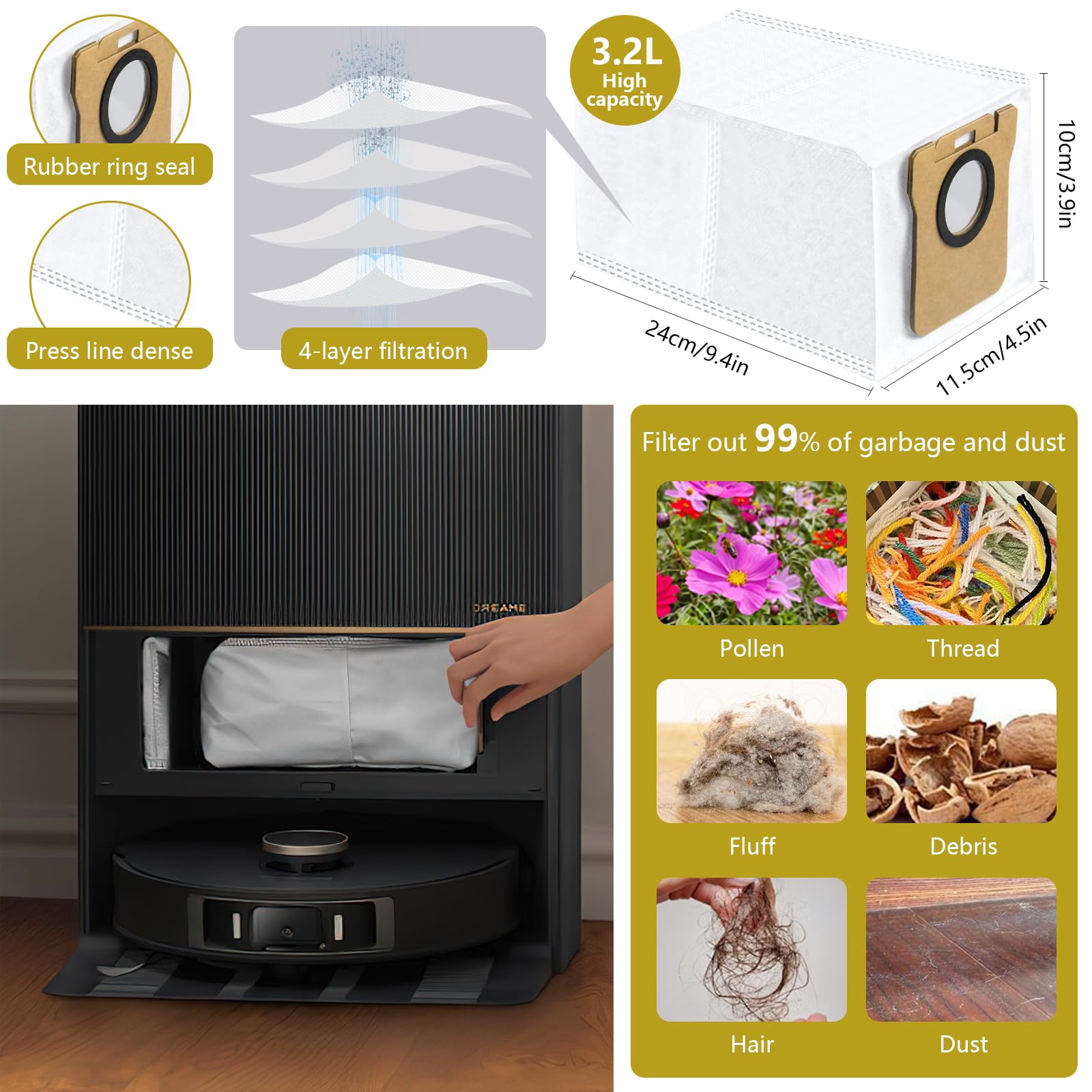 Yivy 28 pezzi di ricambio per aspirapolvere Dreame L20 Ultra/L20 Ultra Complete, S20 Ultra/S20 Ultra Complete Kit accessori: 2 spazzole principali, 6 spazzole laterali, 4 filtri HEPA, 6 sacchetti per