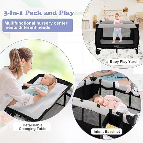 Miniatura 3 de INFANS 3 en 1 Pack and Play, cuna portátil de viaje para bebé con colchón desmontable, cambiador para recién nacidos, corralito plegable con bolsa