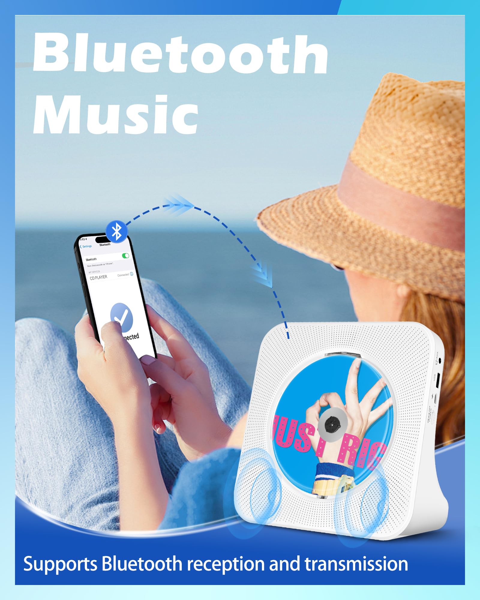 Ładowalny Przenośny Odtwarzacz CD，Wbudowany Odtwarzacz CD Bluetooth z Dwoma Głośnikami, Pilot Zdalny, USB，AUX，Domowe Odtwarzaczes CDs HiFi Stereo，Odtwarzaczs CDs Kompaktowy, Radio FM